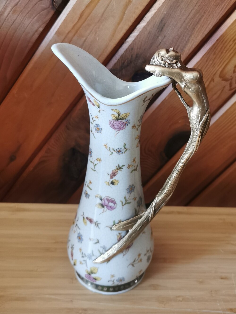 Art Nouveau Porcelain Wine Carafe: Bronze Mermaid Handle, Floral Decor